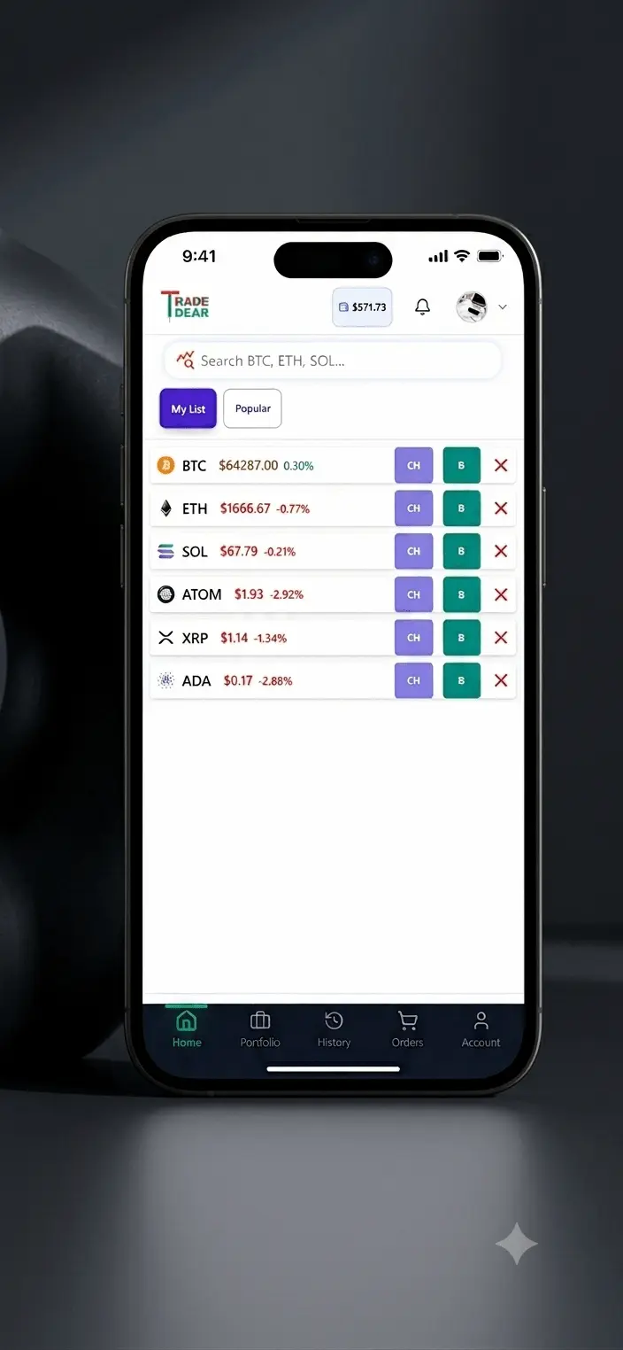 Mobile Crypto Watchlist TradeDear Mobile Crypto Watchlist - Live Price Tracking BTC ETH