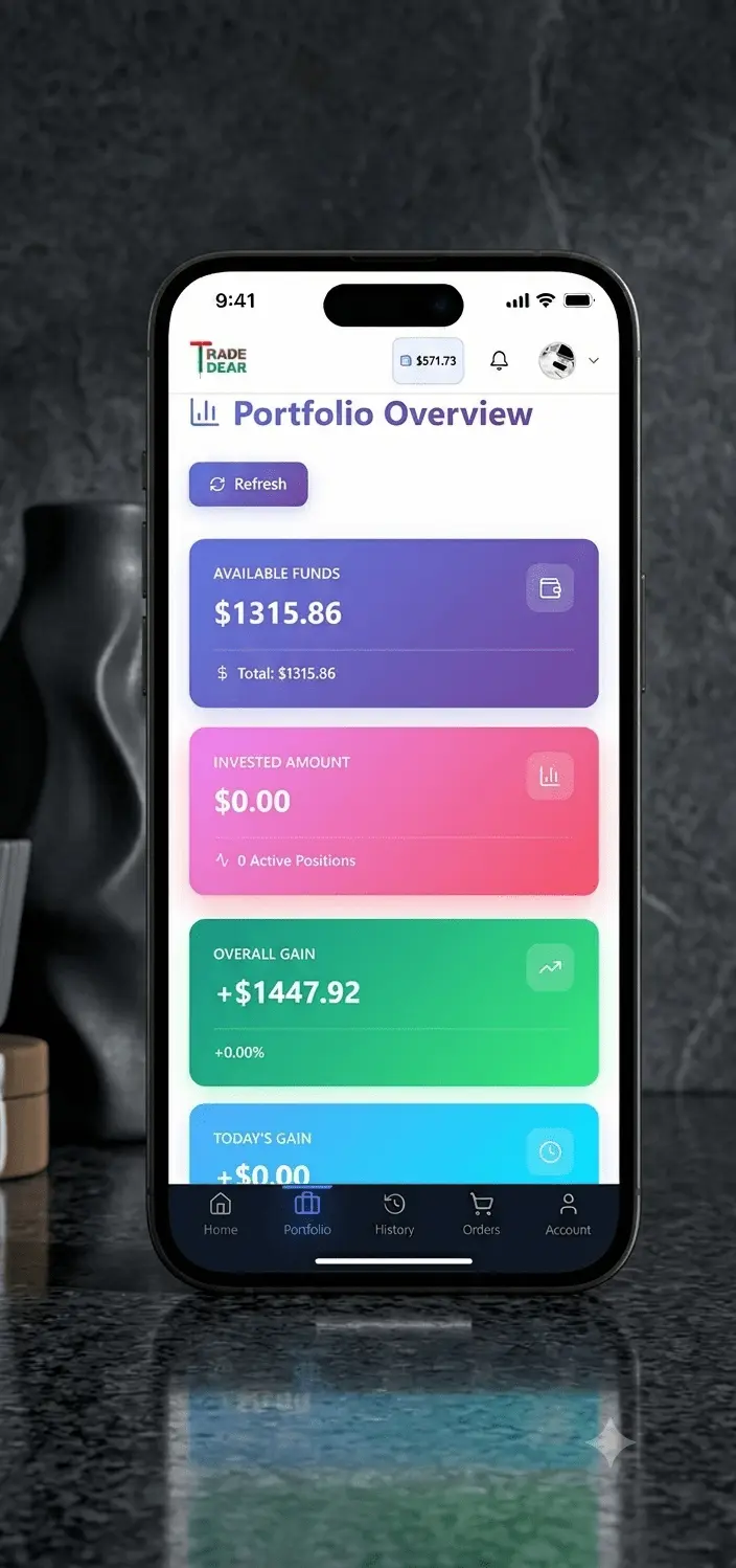 Mobile Portfolio Overview TradeDear Mobile App Portfolio Overview - Real-Time Balance and Position Tracking
